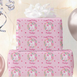 Cute Unicorn Flowers Birthday Roze Naam Cadeaupapier