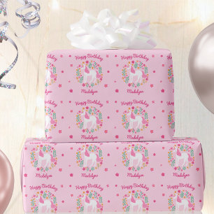 Cute Unicorn Flowers Birthday Roze Naam Cadeaupapier
