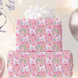 Cute Unicorn Flowers Birthday Roze Naam Cadeaupapier