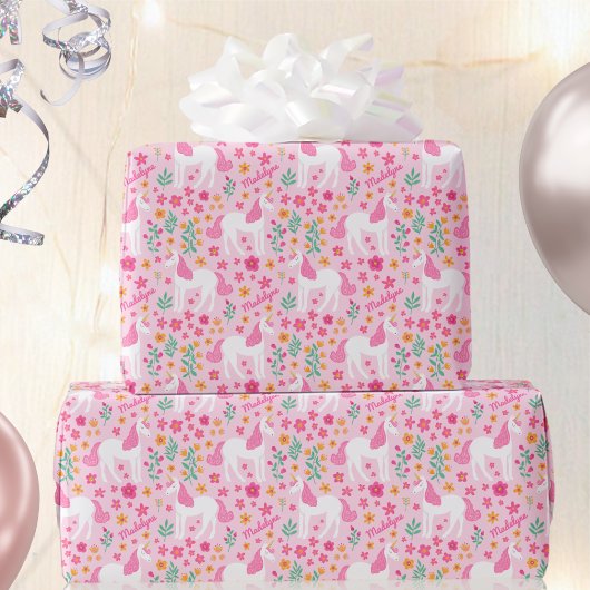 Cute Unicorn Flowers Birthday Roze Naam Cadeaupapier