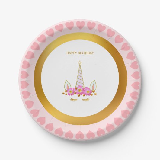 Cute Unicorn, Flowers en Gold Confetti Birthday P Papieren Bordje (Voorkant)