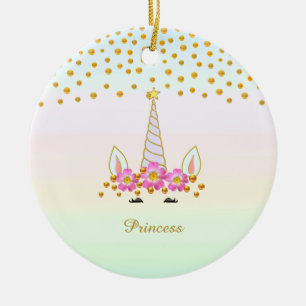 Cute Unicorn, Flowers & Gold Confetti Keramisch Ornament