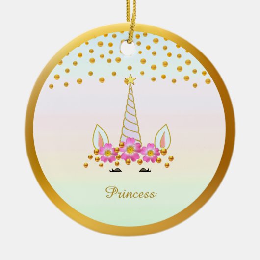 Cute Unicorn, Flowers & Gold Confetti Keramisch Ornament (Voorkant)