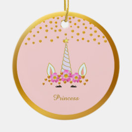 Cute Unicorn, Flowers & Gold Confetti Keramisch Ornament