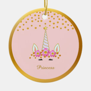 Cute Unicorn, Flowers & Gold Confetti Keramisch Ornament