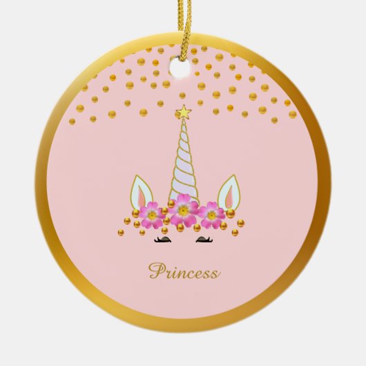 Cute Unicorn, Flowers & Gold Confetti Keramisch Ornament (Voorkant)