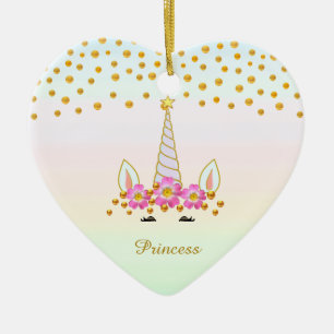 Cute Unicorn, Flowers & Gold Confetti Keramisch Ornament