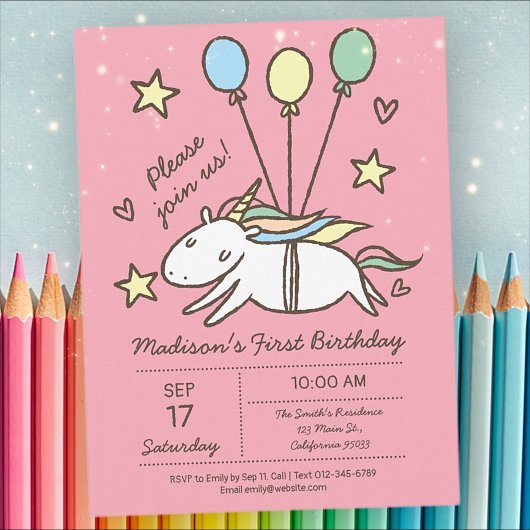 Cute Unicorn Flying op Balloons Briefkaart