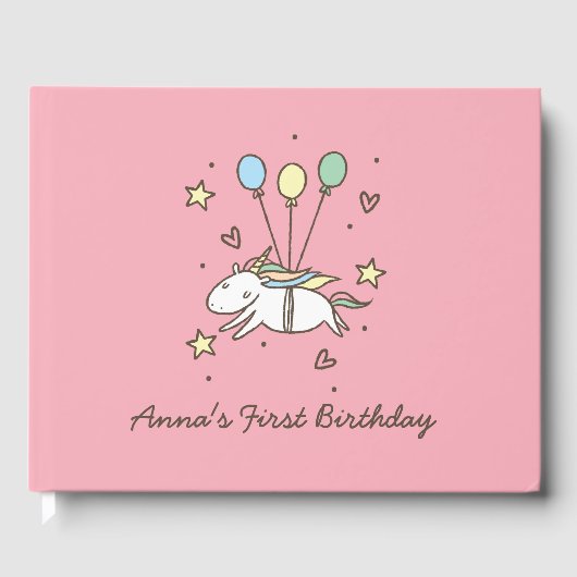 Cute Unicorn Flying op Balloons Gastenboek (Voorkant)