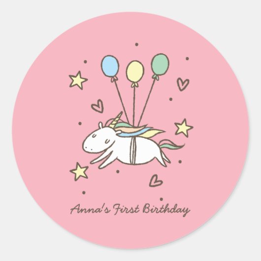 Cute Unicorn Flying op Balloons Ronde Sticker (Voorkant)