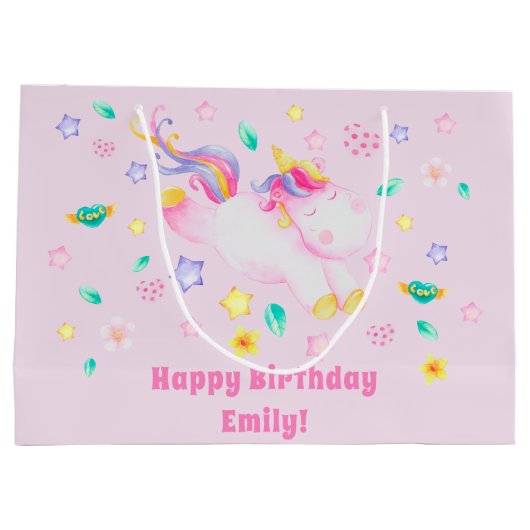 Cute Unicorn - Gepersonaliseerde Roze Kinderen van Groot Cadeauzakje (Achterkant)
