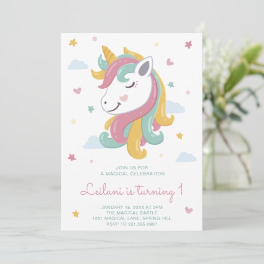 Cute Unicorn Girl First Birthday Kaart (Staand voorkant)