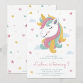 Cute Unicorn Girl First Birthday Kaart (Voorkant / Achterkant)