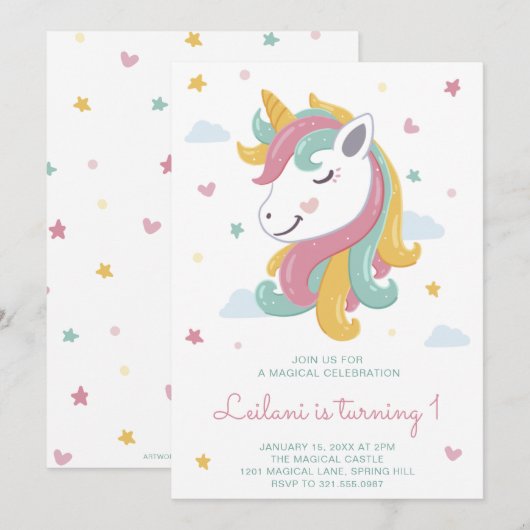 Cute Unicorn Girl First Birthday Kaart (Voorkant / Achterkant)