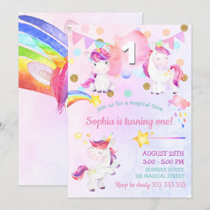 Cute Unicorn Girl First Birthday Magical Rainbow Kaart