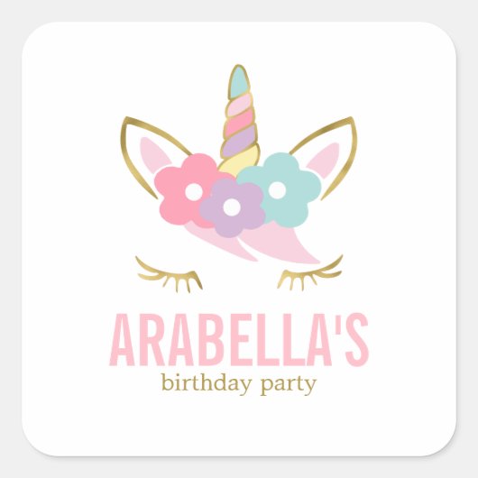 Cute Unicorn Girls Birthday Party Vierkante Sticker (Voorkant)
