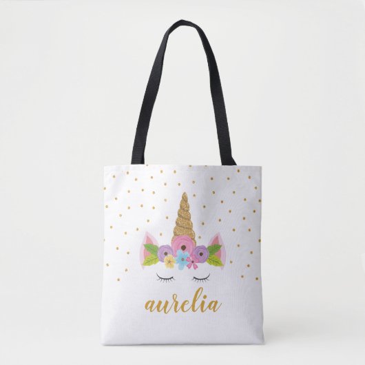 Cute Unicorn Girly Canvas tas met aangepaste naam (Voorkant)