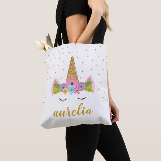 Cute Unicorn Girly Canvas tas met aangepaste naam (Dichtbij)