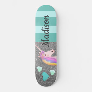 Cute Unicorn Glitter Blauwgroen Harten Kinderen op Persoonlijk Skateboard