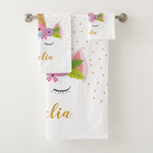 Cute Unicorn Gold Glitter Girly - Aangepaste naam Bad Handdoek (Insitu)