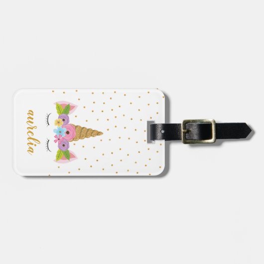 Cute Unicorn Gold Glitter Girly - Aangepaste naam Bagagelabel (Voorkant horizontaal)