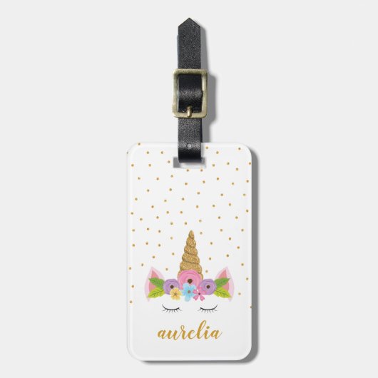Cute Unicorn Gold Glitter Girly - Aangepaste naam Bagagelabel (Voorkant verticaal)