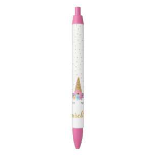 Cute Unicorn Gold Glitter Pink Chic Custom Name Zwarte Inkt Pen