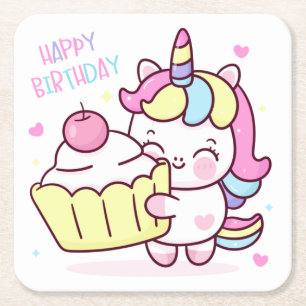 Cute Unicorn Happy Birthday Cake Kartonnen Onderzetters