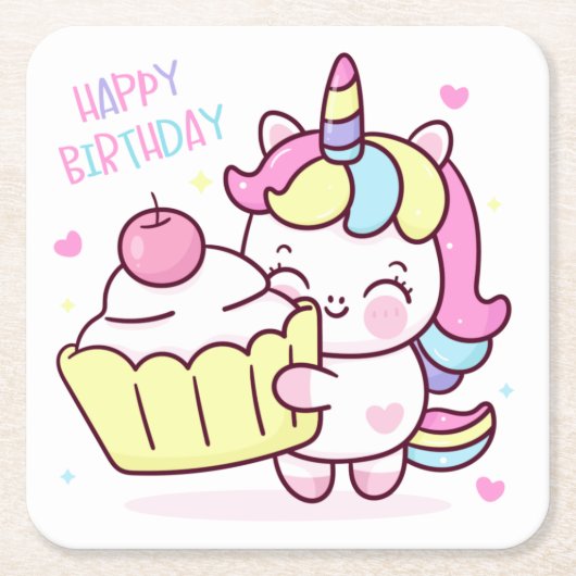 Cute Unicorn Happy Birthday Cake Kartonnen Onderzetters (Voorkant)