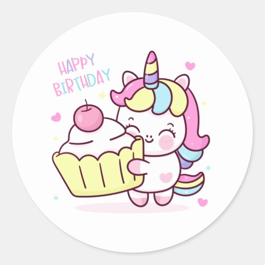 Cute Unicorn Happy Birthday Cake Ronde Sticker (Voorkant)