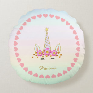 Cute Unicorn, Hearts, Flowers & Gold Confetti Rond Kussen