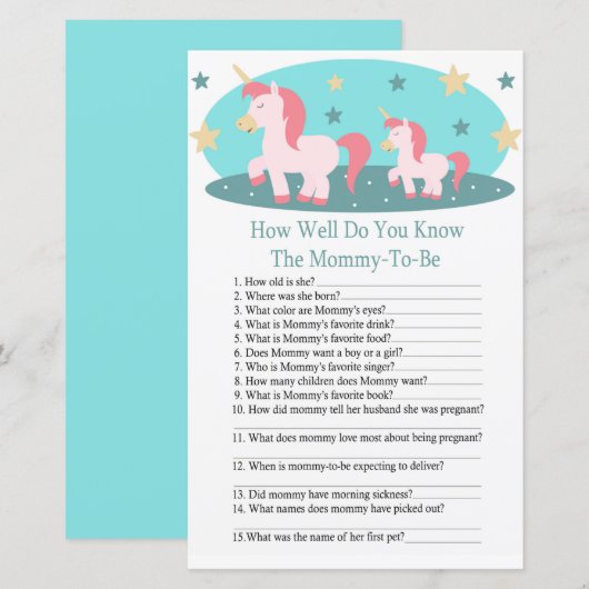 Cute Unicorn hoe goed je baby shower game kent (Voorkant / Achterkant)