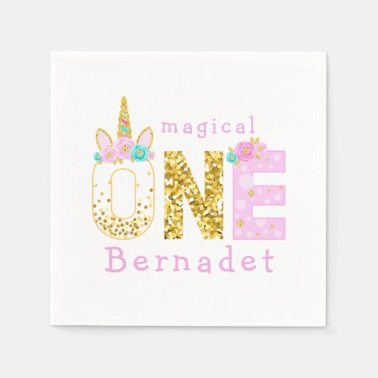 Cute Unicorn Horn 1st Birthday Gold Glitter Servet (Voorkant)