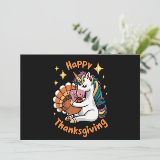 Cute Unicorn Hugs Turkey Happy Thanksgiving Girls Feestdagenkaart (Staand voorkant)