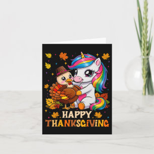 Cute Unicorn Hugs Turkey Happy Thanksgiving Girls Kaart