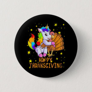 Cute Unicorn Hugs Turkey Happy Thanksgiving Girls Ronde Button 5,7 Cm
