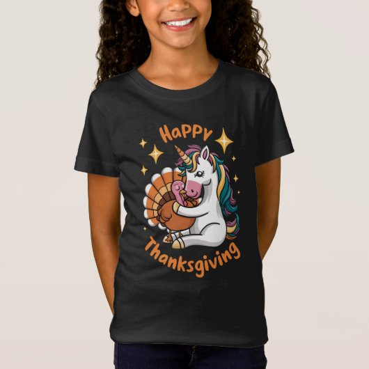 Cute Unicorn Hugs Turkey Happy Thanksgiving Girls T-shirt (Voorkant)