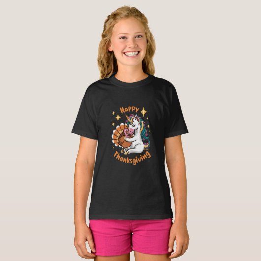 Cute Unicorn Hugs Turkey Happy Thanksgiving Girls T-shirt (Voorkant volledig)