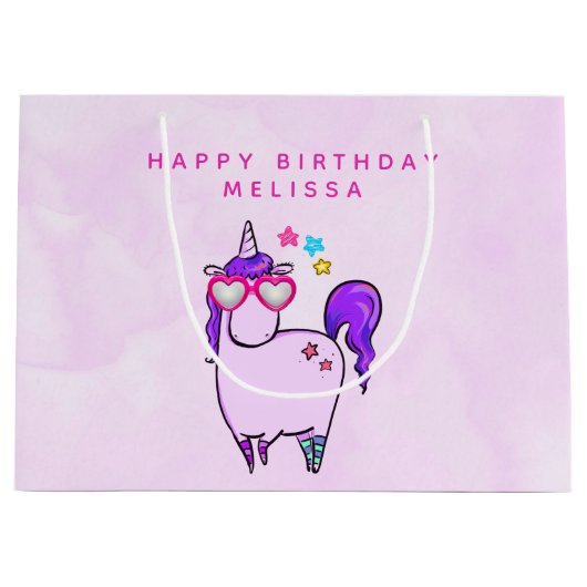 Cute Unicorn in Heart Shaped Glasses Birthday Groot Cadeauzakje (Voorkant)