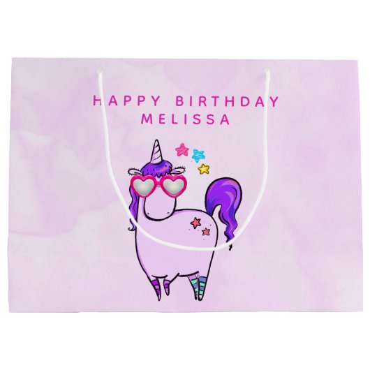 Cute Unicorn in Heart Shaped Glasses Birthday Groot Cadeauzakje (Achterkant)