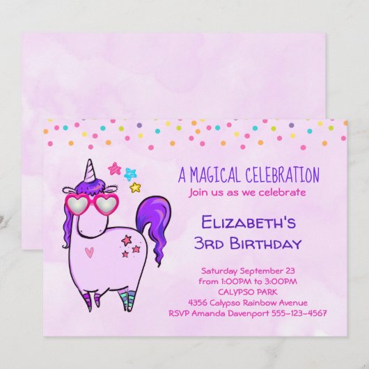 Cute Unicorn in Heart Shaped Glasses Birthday Kaart (Voorkant / Achterkant)