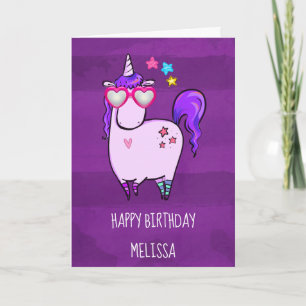 Cute Unicorn in Heart Shaped Glasses Birthday Kaart