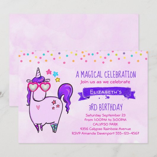 Cute Unicorn in Heart Shaped Glasses Birthday Kaart (Voorkant / Achterkant)