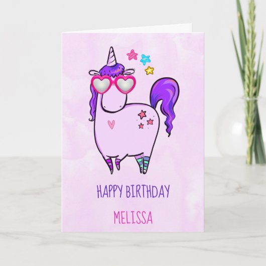 Cute Unicorn in Heart Shaped Glasses Birthday Kaart (Voorkant)