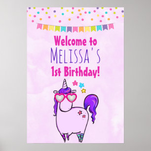 Cute Unicorn in Heart Shaped Glasses Birthday Poster