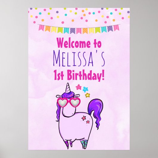 Cute Unicorn in Heart Shaped Glasses Birthday Poster (Voorkant)