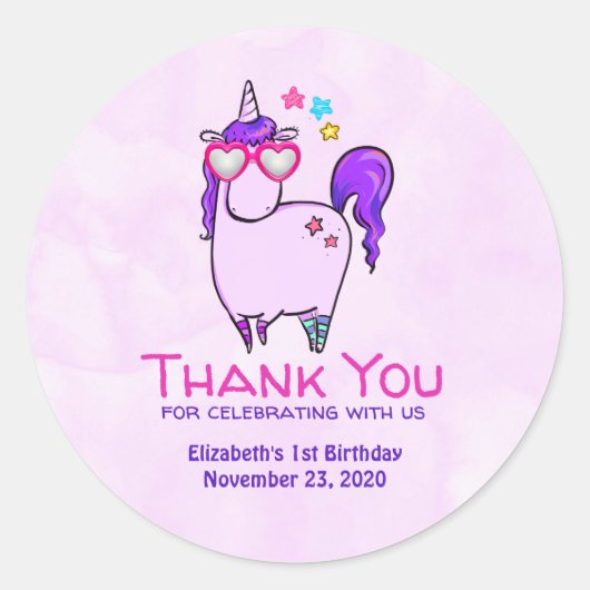 Cute Unicorn in Heart Shaped Glasses Birthday Ronde Sticker (Voorkant)