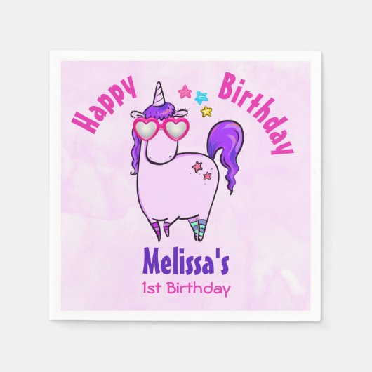 Cute Unicorn in Heart Shaped Glasses Birthday Servet (Voorkant)