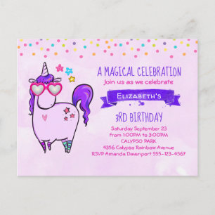Cute Unicorn in Heart Shaped Glasses Birthday Uitnodiging Briefkaart