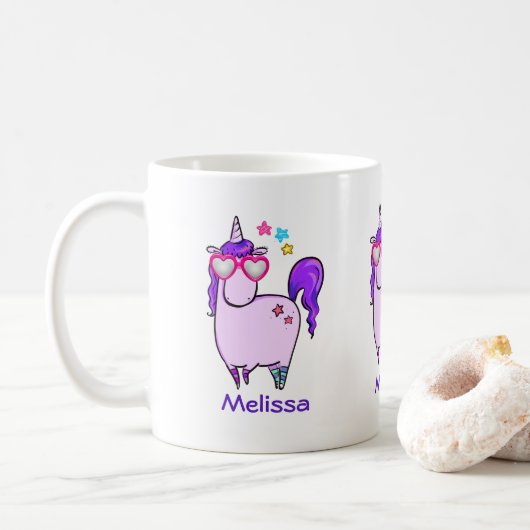 Cute Unicorn in Heart Shaped Glasses Koffiemok (Met donut)